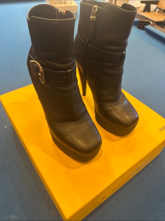 Fendi Shoes - Fendi Black Leather High-Heel Platform Ankle Boots with Buckle
